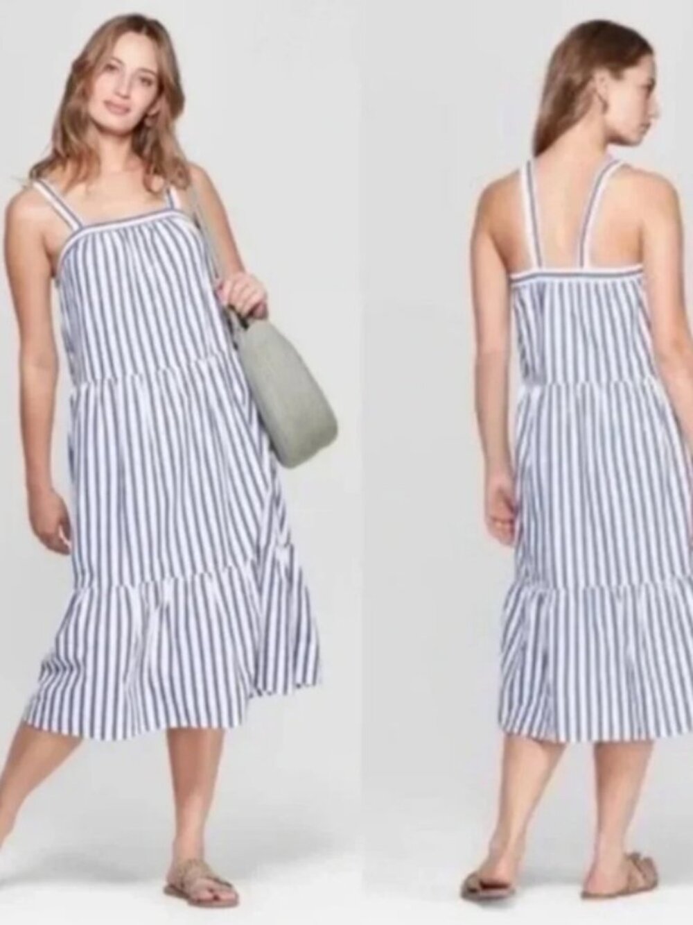 Universal Thread White Blue Striped Midi Sundress Adjustable Straps EUC XXL